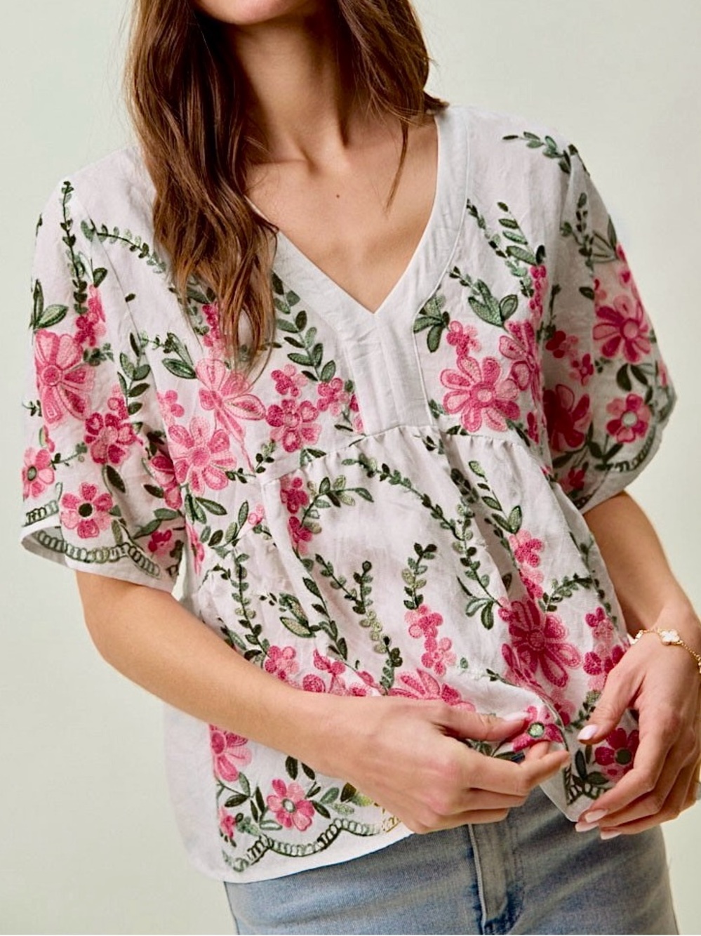 💖 SO ME Floral Embroidered V Neck Boho Blouse Top